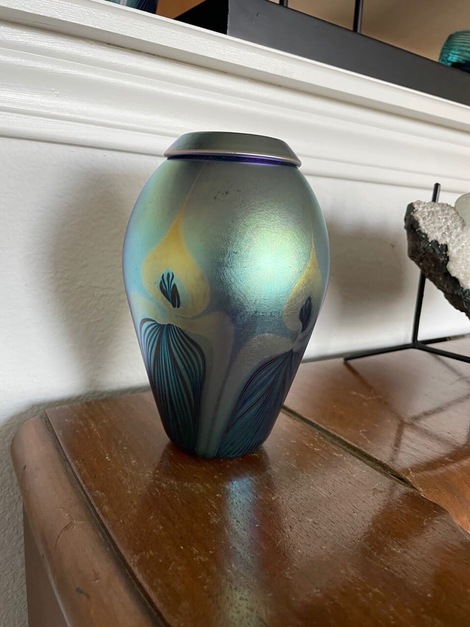 Signed, Hand-blown Glass Vase (Opalescent Green)